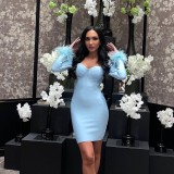 Autumn Solid Color Low Cut Feather Patchwork Long Sleeve Bodycon Dress