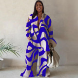 Plus Size Fashion Set Printed Loose Long-Sleeved Shirt Straight Trousers For Women