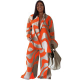 Plus Size Fashion Set Printed Loose Long-Sleeved Shirt Straight Trousers For Women