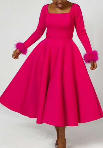 Winter Chic Elegant Fur Decorated Long Sleeve A-Line African Party Dress