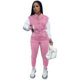 Women's Color Block Single Breasted Patchwork Long Sleeve Baseball Jersey Pants Two Piece Set For Women
