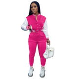 Women's Color Block Single Breasted Patchwork Long Sleeve Baseball Jersey Pants Two Piece Set For Women