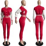 Women's Color Block Single Breasted Patchwork Long Sleeve Baseball Jersey Pants Two Piece Set For Women