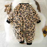 Autumn And Winter Newborn Baby Jumpsuit Warm Fleecee Long-Sleeved Baby Leopard Print Jumpsuit Cute Baby Crawling Set