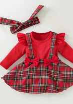 Baby Christmas Newborn Clothes Baby Long-Sleeved Fake Two-Piece Bow Plaid Dress Baby Christmas Newborn Clothes Baby Long-Sleeved Fake Two-Piece Bow Plaid Dress