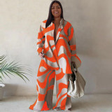 Plus Size Fashion Set Printed Loose Long-Sleeved Shirt Straight Trousers For Women