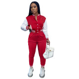Women's Color Block Single Breasted Patchwork Long Sleeve Baseball Jersey Pants Two Piece Set For Women