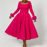 Winter Chic Elegant Fur Decorated Long Sleeve A-Line African Party Dress