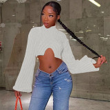 Autumn And Winter Sweater Solid Color Women Casual Long Sleeve Round Neck Classic Tight Fitting Irregular Crop Mid-Waist Women's Clothing