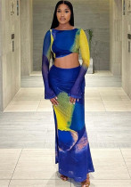 Bell Bottom Sleeve Pleated Crop Top High Waisted Bodycon Skirt Fashionable Two-Piece Printed Tight Fitting Skirt Set Bell Bottom Sleeve Pleated Crop Top High Waisted Bodycon Skirt Fashionable Two-Piece Printed Tight Fitting Skirt Set