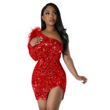 Fashion Women's Sexy One Shoulder Sequin Slit Bodycon Dress