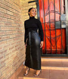 Autumn And Winter Mid-Length Black Pu Buckle Slit  Casual Leather Skirt With Belt