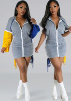 Cute Zip Patchwork Long Sleeve Pleated Casual Dress Cute Zip Patchwork Long Sleeve Pleated Casual Dress