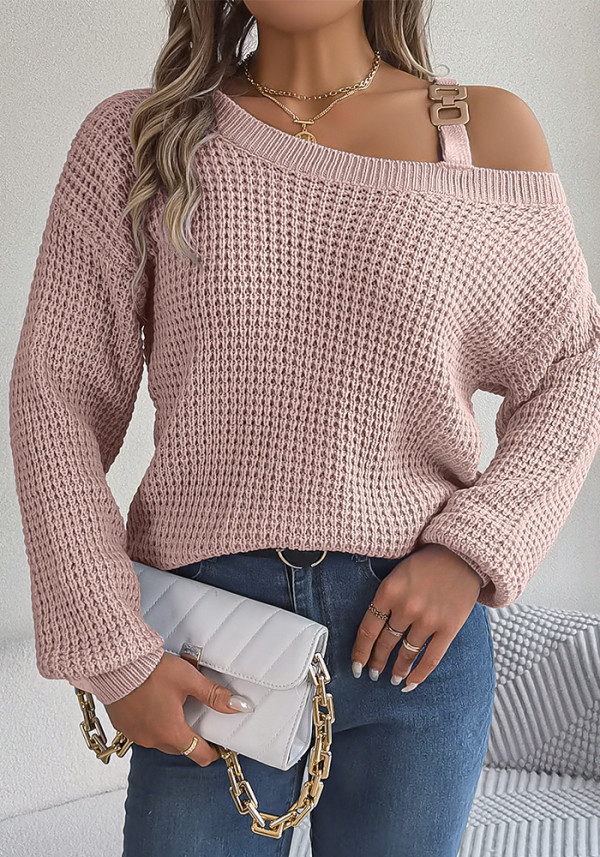 Autumn And Winter Casual Metal Buckle Strap Patchwork Balloon Sleeve Pullover Sweater