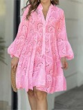 Spring And Summer Solid Color V-Neck Loose Embroidered Hollow Lace Dress