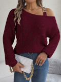 Autumn And Winter Casual Metal Buckle Strap Patchwork Balloon Sleeve Pullover Sweater