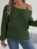 Autumn And Winter Casual Metal Buckle Strap Patchwork Balloon Sleeve Pullover Sweater