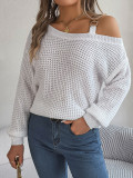 Autumn And Winter Casual Metal Buckle Strap Patchwork Balloon Sleeve Pullover Sweater