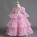 Girls' Dresses Children's Performance Clothes Flower Girl Wedding Tutu Skirt Long-Sleeved Princess Dress