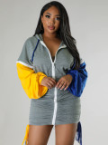 Cute Zip Patchwork Long Sleeve Pleated Casual Dress