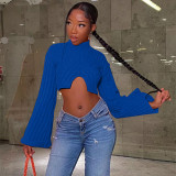 Autumn And Winter Sweater Solid Color Women Casual Long Sleeve Round Neck Classic Tight Fitting Irregular Crop Mid-Waist Women's Clothing