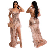 Sexy Feather Straps High Slit Sequin Low Back V-Neck Party Nightclub Style Dress