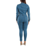 Slim Fit Long Sleeve Tiny Foot Washed Denim Jumpsuit