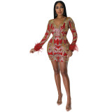 Women's V Neck Sexy Sequin Long Sleeve Nightclub Party Dress