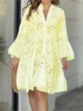 Spring And Summer Solid Color V-Neck Loose Embroidered Hollow Lace Dress