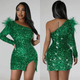 Fashion Women's Sexy One Shoulder Sequin Slit Bodycon Dress