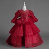 Girls' Dresses Children's Performance Clothes Flower Girl Wedding Tutu Skirt Long-Sleeved Princess Dress