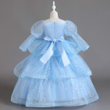 Girls' Dresses Children's Performance Clothes Flower Girl Wedding Tutu Skirt Long-Sleeved Princess Dress