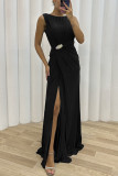 Pleated Slit Sleeveless Fashion Evening Dress For Women
