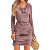 Solid Color Mini Glitter Pile Collar Long Sleeve Ruffled Slim Evening Gown Nightclub Dress For Women