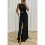 Pleated Slit Sleeveless Fashion Evening Dress For Women