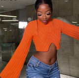 Autumn And Winter Sweater Solid Color Women Casual Long Sleeve Round Neck Classic Tight Fitting Irregular Crop Mid-Waist Women's Clothing