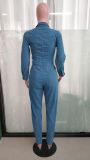Slim Fit Long Sleeve Tiny Foot Washed Denim Jumpsuit