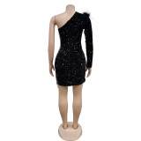 Fashion Women's Sexy One Shoulder Sequin Slit Bodycon Dress
