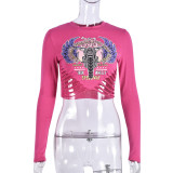Round Neck Crop Cut Women's Tight Fitting Letter Long Sleeve Top T-Shirt