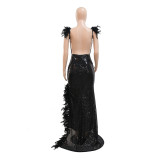 Sexy Feather Straps High Slit Sequin Low Back V-Neck Party Nightclub Style Dress