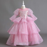Girls' Dresses Children's Performance Clothes Flower Girl Wedding Tutu Skirt Long-Sleeved Princess Dress