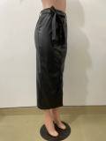 Autumn And Winter Mid-Length Black Pu Buckle Slit  Casual Leather Skirt With Belt