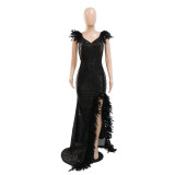 Sexy Feather Straps High Slit Sequin Low Back V-Neck Party Nightclub Style Dress