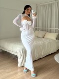 Autumn Women's Velvet Mesh Patchwork Nightclub Style Hollow Long Slim Dress