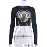 Round Neck Crop Cut Women's Tight Fitting Letter Long Sleeve Top T-Shirt