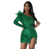 Fashion Women's Sexy One Shoulder Sequin Slit Bodycon Dress