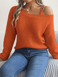 Autumn And Winter Casual Metal Buckle Strap Patchwork Balloon Sleeve Pullover Sweater
