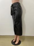 Autumn And Winter Mid-Length Black Pu Buckle Slit  Casual Leather Skirt With Belt