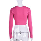 Round Neck Crop Cut Women's Tight Fitting Letter Long Sleeve Top T-Shirt