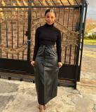 Autumn And Winter Mid-Length Black Pu Buckle Slit  Casual Leather Skirt With Belt